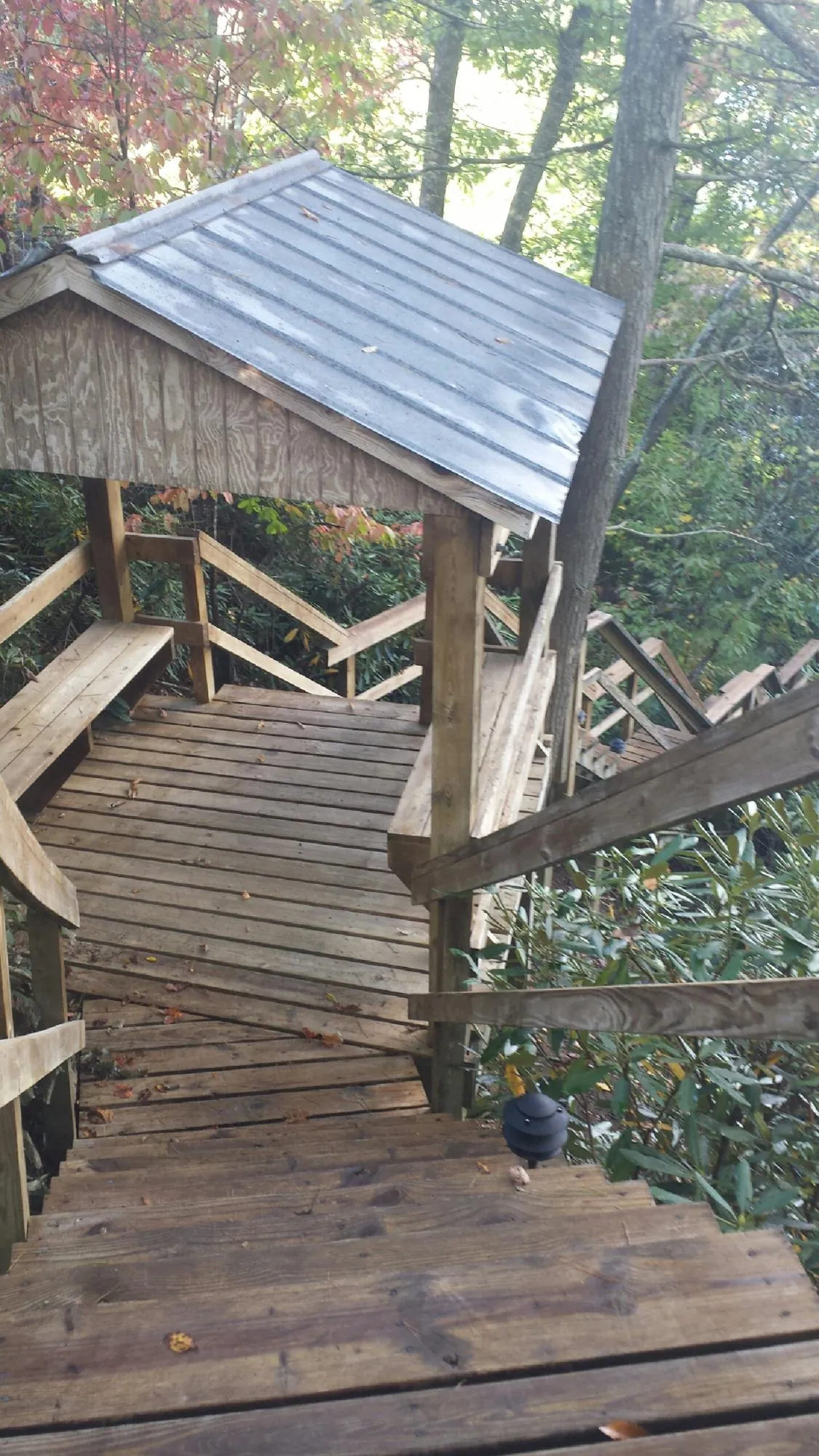 Metal roofed shelter over wooden steps on a wooded walkway — Skylight Repair & Installation work by our crew in Minor Hill